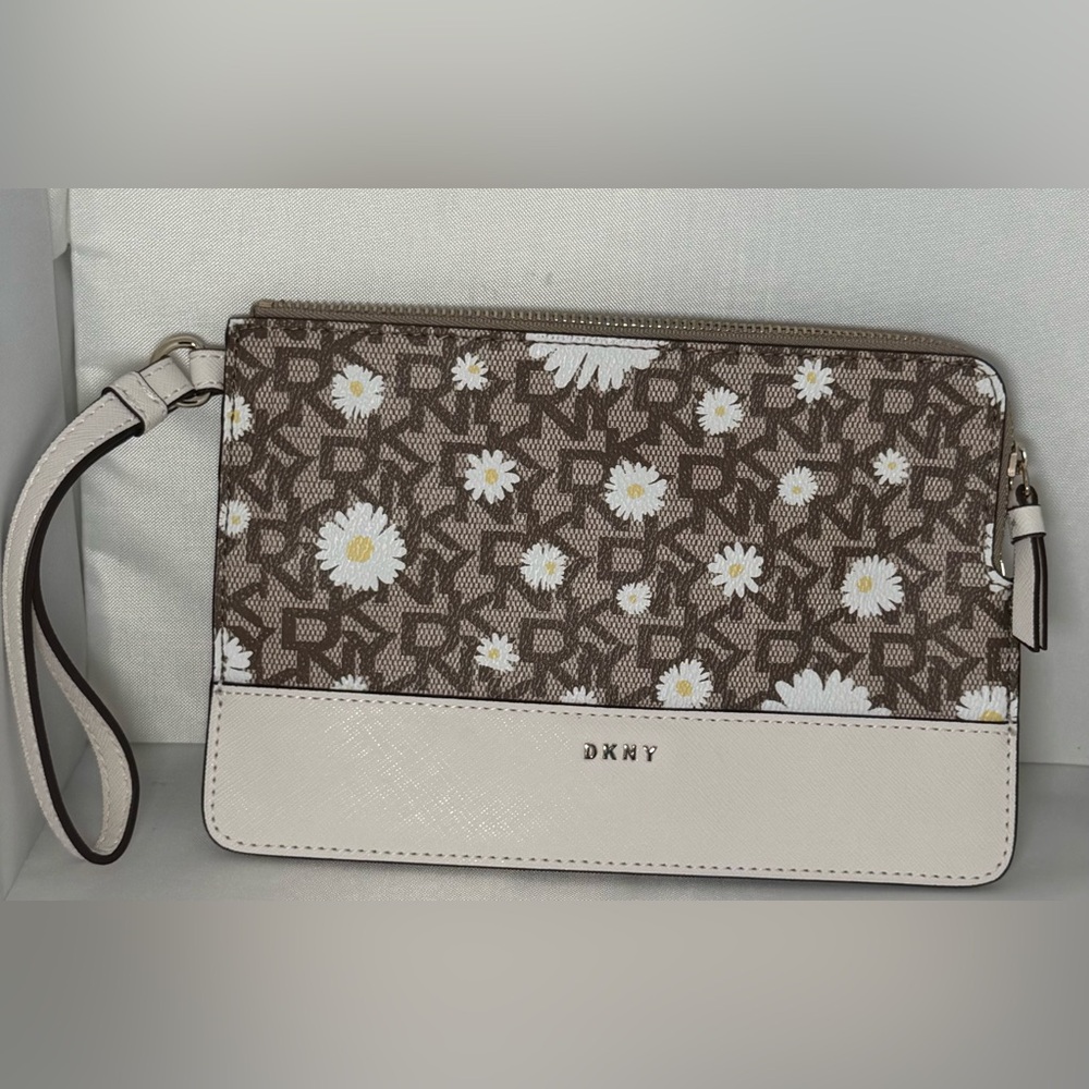 DKNY Logo Brown and Cream Floral Sunflower Wristlet 8.5”x5.5”